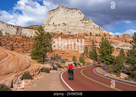 Solitario ciclista da turismo in bicicletta su strada attraverso le montagne di arenaria rossa di Zion National Park, Utah, Stati Uniti, USA Foto Stock