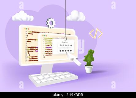 Hacker e cyber criminali phishing che rubano dati personali privati, credenziali, password, e-mail di documenti bancari e carta di credito. Illustrazione Vettoriale