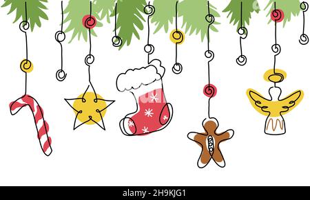 Decorazioni vettoriali natalizie con calzino, canna di caramelle, stella, angelo, pan di zenzero. Decorazioni di Natale, albero di natale giocattoli sfondo. Uno Illustrazione Vettoriale