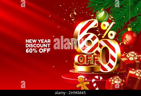 Sconto di Capodanno allegro Natale vendita 60 di numeri d'oro, con regali e decorazioni natalizie su sfondo rosso. Illustrazione vettoriale Illustrazione Vettoriale
