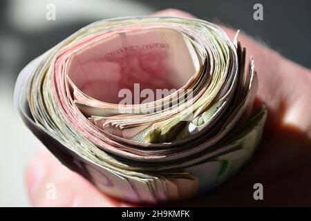 Primo piano di una mano umana che detiene la valuta svedese Foto Stock