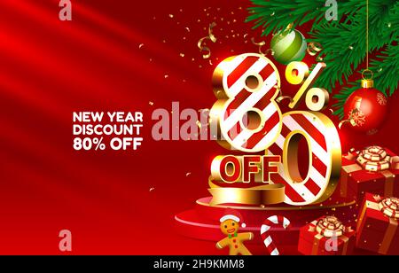 Sconto di Capodanno allegro Natale vendita 80 di numeri d'oro, con regali e decorazioni natalizie su sfondo rosso. Illustrazione vettoriale Illustrazione Vettoriale