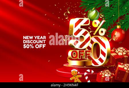 Sconto di Capodanno allegro Natale vendita 50 di numeri d'oro, con regali e decorazioni natalizie su sfondo rosso. Illustrazione vettoriale Illustrazione Vettoriale