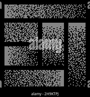 Disintegrazione pixel, effetto decadimento. Vari elementi rettangolari di forma quadrata. Pattern punteggiato disperso. Texture mosaico con particelle semplici Illustrazione Vettoriale