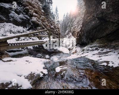 Freddo primo inverno paesaggio di foresta di montagna in Slovacchia Tatry montagna. Piccolo torrente che scorre giù e lavando i massi enormi sul suo modo. Primo sole r Foto Stock