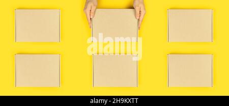 Addetto alla consegna con scatole di cartone. Spedizione e consegna del prodotto. Smistamento e stoccaggio di cibo, regali, ecc. modello di Mockup, banner Foto Stock