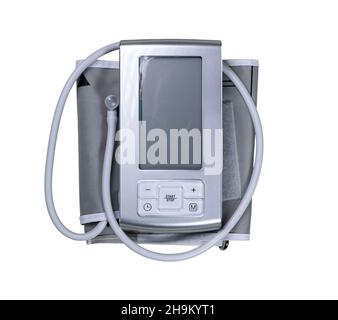 Tonometro, monitoraggio della pressione sanguigna isolato su sfondo bianco. Foto Stock