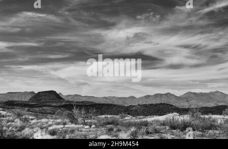 Foto in scala di grigi del deserto dell'Arizona in una giornata di sole Foto Stock