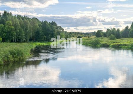 Paesaggio fiume Suprasl a Podlasie, Polonia. Il fiume scorre tra prati e boschi, il cielo blu con le nuvole bianche si riflette nell'acqua. Foto Stock