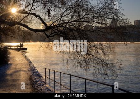 Persone che camminano su un percorso a piedi nella baia di Stoccolma in una gelida giornata invernale con acqua fumante, albero di betulla di fronte e accogliente luce solare. Ora invernale Foto Stock