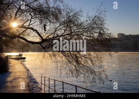 Persone che camminano su un percorso a piedi nella baia di Stoccolma in una gelida giornata invernale con acqua fumante, albero di betulla di fronte e accogliente luce solare. Ora invernale Foto Stock