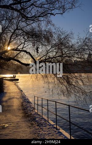 Persone che camminano su un percorso a piedi nella baia di Stoccolma in una gelida giornata invernale con acqua fumante, albero di betulla di fronte e accogliente luce solare. Ora invernale Foto Stock