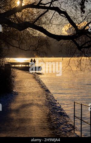 Persone che camminano su un percorso a piedi nella baia di Stoccolma in una gelida giornata invernale con acqua fumante, albero di betulla di fronte e accogliente luce solare. Ora invernale Foto Stock