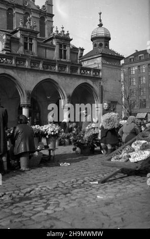 Kraków, 1948-10. Sprzeda¿ kwiatów i wianków na Rynku G³ównym przed Dniem Wszystkich Œwiêtych, w tle Sukiennice. uu PAP Dok³adny dzieñ wydarzenia nieustalony. Cracovia, 1948 ottobre. Fiori e corone che commerciano nella piazza del mercato di Rynek Glowny prima del giorno di tutti i Santi, sullo sfondo il Sukiennice (Cloth Hall). uu PAP Foto Stock