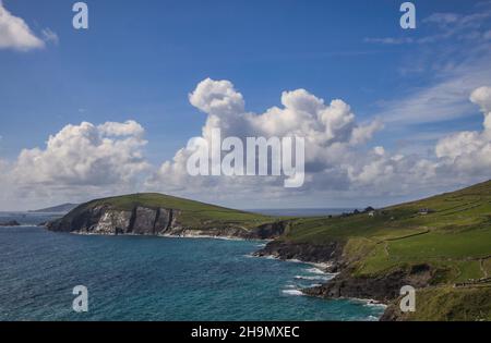 Ring of Kerry, Wild Atlantic Way, West Ireland, Iveragh Peninsula, crociera lungo le scogliere, Kerry Coastline, strada costiera panoramica alla luce del sole, Irlanda Foto Stock