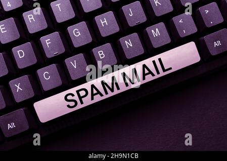 Visualizzazione concettuale Spam Mail. Parola scritta su pubblicità intrusiva messaggi inappropriati inviati su Internet composizione nuovo messaggio di posta elettronica Foto Stock