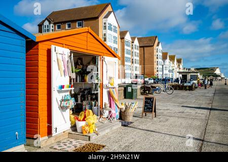 Un colorato negozio 'Beach Hut' sul Seaford Seafront, Lewes, Sussex, Regno Unito. Foto Stock