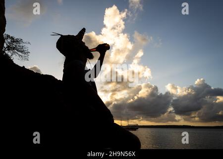 Silhouette di un uomo su un'isola distesa sulla spiaggia con una birra durante il tramonto. Concetto di godere del momento in vacanza. Foto Stock