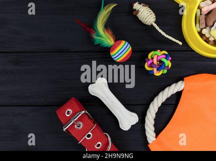 Accessori diversi per cani e gatti: Giocattolo per mouse, palla, pettine, guinzaglio, colletto, giocattoli e ciotola con ossa su sfondo di legno nero. Animali domestici cura e rout Foto Stock