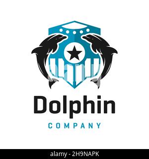 modello di design del logo dolphin shield Foto Stock