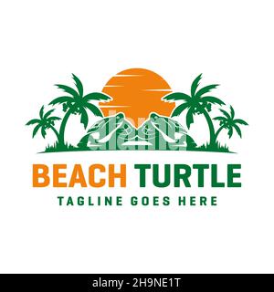 modello di design con logo tartaruga sulla spiaggia Foto Stock
