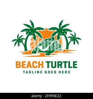 modello di design con logo tartaruga sulla spiaggia Foto Stock