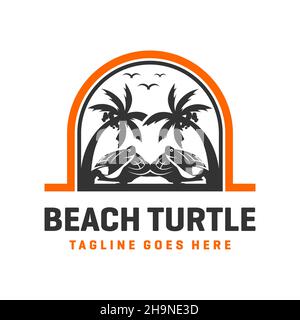 modello di design con logo tartaruga sulla spiaggia Foto Stock