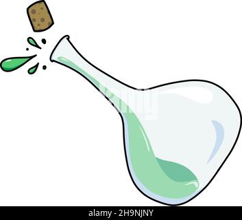 Illustrazione vettoriale a colori disegnata a mano di una bottiglia non tappata con una pozione verde che schegge Illustrazione Vettoriale