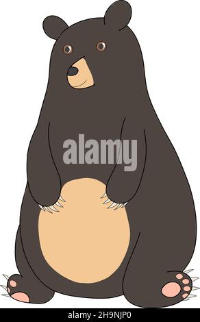 Illustrazione vettoriale a colori disegnata a mano di un orso nero cartoon con un ventre rotondo seduto e sorridente Illustrazione Vettoriale