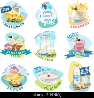 Emblemi di prodotti lattiero-caseari con burro e crema di cartone isolato illustrazione vettoriale Illustrazione Vettoriale