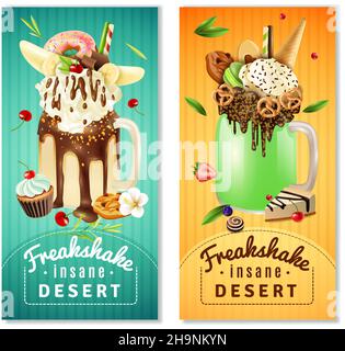 Extreme frakshake dessert 2 banner pubblicitari verticali caffè con frullato sormontato con torta di cioccolato crema isolato illustrazione vettoriale Illustrazione Vettoriale