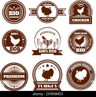 Eco biologico fattoria libera gamma pollo tacchino premium produzione di qualità le icone degli emblemi impostano l'illustrazione vettoriale isolata astratta Illustrazione Vettoriale