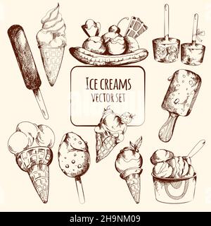 Gelato dolce freddo dessert abbozzetto insieme isolato vettore illustrazione Illustrazione Vettoriale