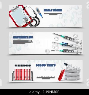 Set di tre striscioni orizzontali con stetoscopio realistico per strumenti di trattamento medico illustrazione vettoriale delle fiale per analisi del sangue e degli iniettori di vaccini Illustrazione Vettoriale