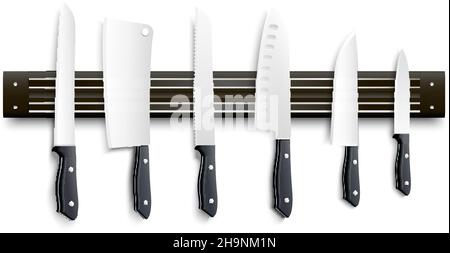 Varietà di coltelli da cucina con manico nero su banda magnetica immagine vettoriale 3d su sfondo bianco Illustrazione Vettoriale