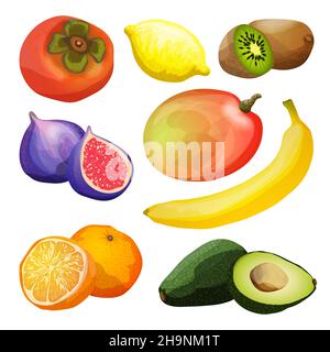 Frutta esotica icone decorative con avocado kiwi limone mango illustrazione vettoriale con isolamento a banana Illustrazione Vettoriale