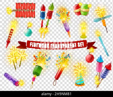 Pirotecnici pirotecnici irecrackers bengala indiano luci e sparklers effetti speciali collezione colorata su sfondo trasparente illustrazione vettoriale Illustrazione Vettoriale