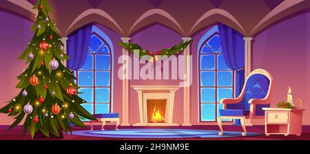 Camera della notte di Natale, casa vuota interno con camino a legna, abete decorato con giocattoli e ghirlande luminose, mobili classici e grandi finestre ad arco, illustrazione vettoriale Xmas eve Cartoon Illustrazione Vettoriale