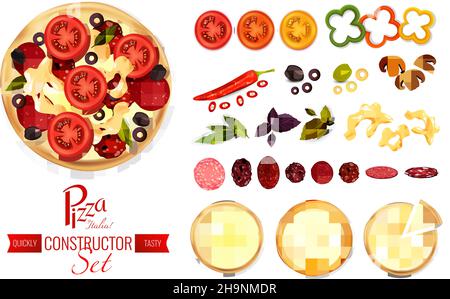 Set di costruttori di pizze con immagini piatte isolate di spezie di pomodoro fette di salame e crosta con illustrazione vettoriale del testo Illustrazione Vettoriale