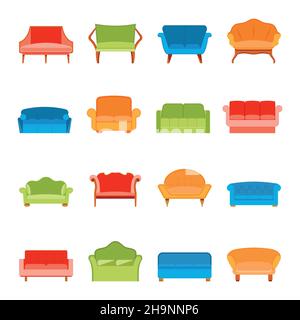 Divano divani moderni mobili icone insieme piatto isolato vettore illustrazione Illustrazione Vettoriale
