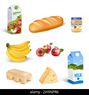 Prodotti realistici immagini isolate impostate con diversi prodotti alimentari da supermercato pane frutta bevande formaggio con ombre vettore illustrazione Illustrazione Vettoriale