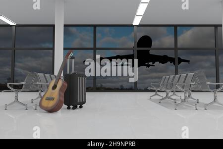 Valigia con chitarra nella lobby dell'aeroporto. Concetto di viaggio. 3D rendering dell'immagine. Foto Stock