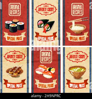 Cucina asiatica ricette originali cucina giapponese prezzo speciale banner set illustrazione vettoriale isolata Illustrazione Vettoriale