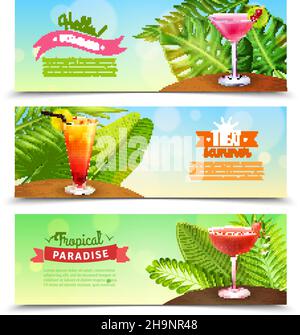 Paradiso tropicale vacanza estiva 3 orizzontale luminoso soleggiato banner set con cocktail al rum punch illustrazione vettoriale isolata Illustrazione Vettoriale