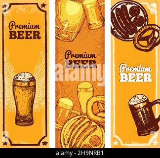 Set verticale banner birra con bicchieri da bibita disegnati a mano e. illustrazione vettoriale isolata degli snack Illustrazione Vettoriale