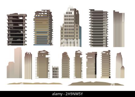 Città bruciata rovinata. Impostare per la scena Apocalypse. Armageddon morte della civiltà in guerra o disastro ambientale. Illustrazione isolata sul retro bianco Illustrazione Vettoriale