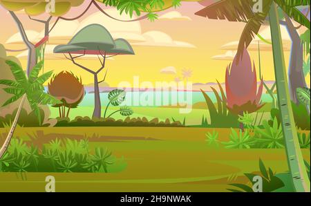 Alberi della foresta pluviale. Alba mattutina o tramonto serale. Spessi densi. Vista dalla foresta della giungla. Panorama della foresta tropicale. Paesaggio rurale meridionale. IO Illustrazione Vettoriale