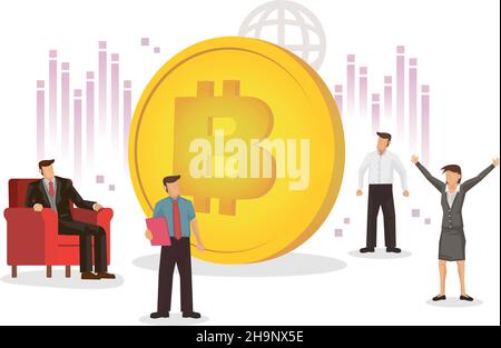 Uomini d'affari che vedono il valore di Bitcoin. Concetto finanziario e commerciale di bitcoin e criptovaluta. Illustrazione vettoriale isolata. Illustrazione Vettoriale