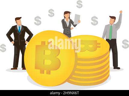 Uomini d'affari che vedono il valore di Bitcoin. Concetto finanziario e commerciale di bitcoin e criptovaluta. Illustrazione vettoriale isolata. Illustrazione Vettoriale