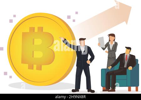 Uomini d'affari che vedono il valore di Bitcoin. Concetto finanziario e commerciale di bitcoin e criptovaluta. Illustrazione vettoriale isolata. Illustrazione Vettoriale